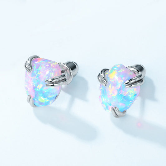 S925 Sterling Silver Jewelry Earrings Magical Color Opal Gemstone Irregular Style Stud Earrings