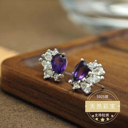 Natural Amethyst Gemstone Fine Jewelry 925 Sterling Silver Light Luxury Stud Earrings