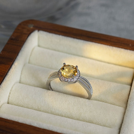 S925 Sterling Silver Jewelry Ring Natural Citrine Gemstone Round Style Simple Luxury Rings