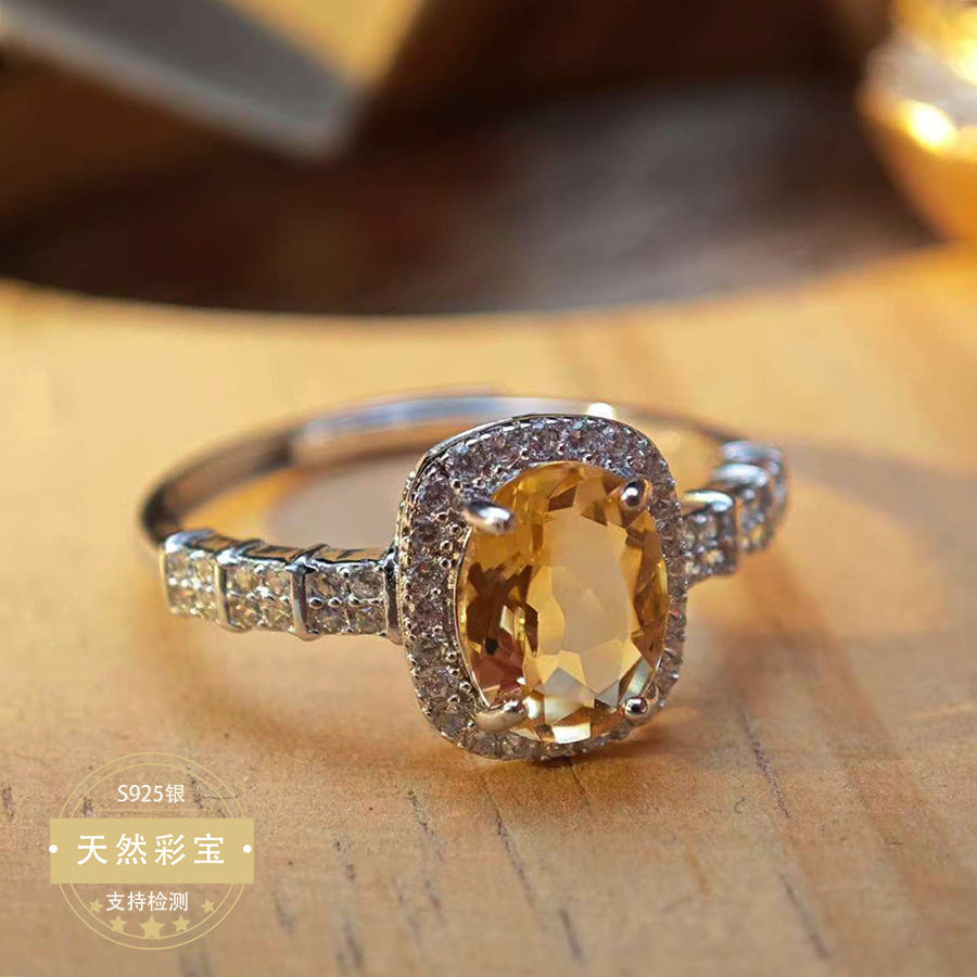 S925 Sterling Silver Jewelry Ring Natural Citrine Gemstone Oval Style Luxury Rings