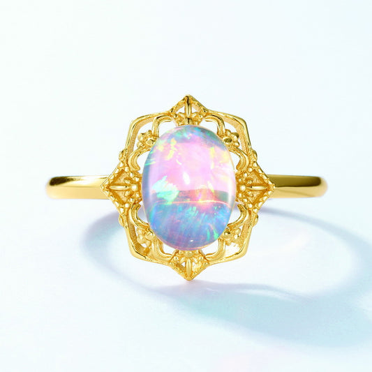 S925 Sterling Silver Jewelry Ring Opal Gemstone Gold Plating Vintage Palace Style Rings