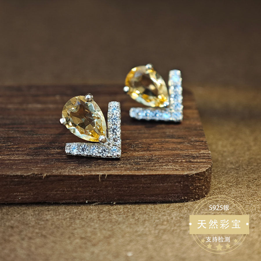 S925 Sterling Silver Jewelry Earrings Natural Citrine Gemstone Unique Design Stud Earrings