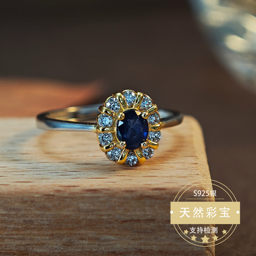 S925 Sterling Silver Fine Jewelry Natural Sapphire Gemstone Floral Style Luxury Rings
