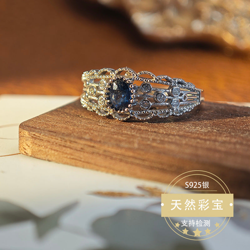 Natural Sapphire Gemstone Fine Jewelry 925 Sterling Silver Vintage Style Light Luxury Rings