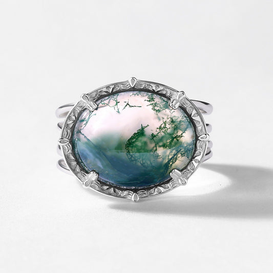 S925 Sterling Silver Jewelry Ring Natural Moss Agate Gemstone Vintage Style Simple Luxury Rings