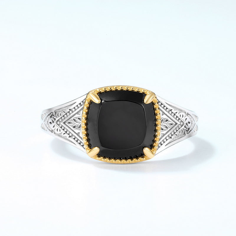 S925 Sterling Silver Jewelry Ring Natural Black Onyx Gemstone Vintage Style Luxury Rings