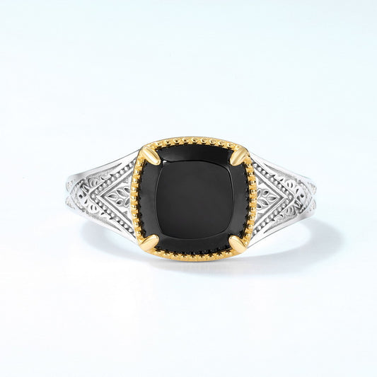S925 Sterling Silver Jewelry Ring Natural Black Onyx Gemstone Vintage Style Luxury Rings