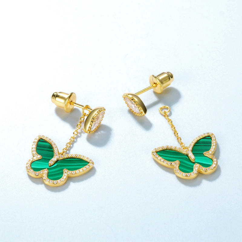 S925 Sterling Silver Jewelry Earrings Natural Malachite Gemstone Butterfly Style Drop Earrings