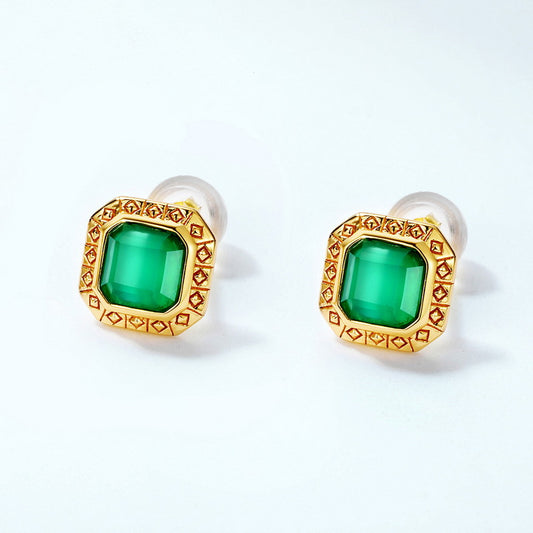 S925 Sterling Silver Jewelry Earrings Natural Green Agate Gemstone Vintage Palace Style Earrings