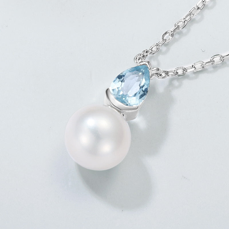 S925 Sterling Silver Jewelry Necklace Natural Freshwater Pearl Aquamarine Gemstone Charms Necklaces