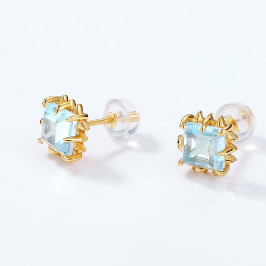 S925 Sterling Silver Jewelry Earrings Natural Sky Blue Topaz Gemstone Square Style Stud Earrings