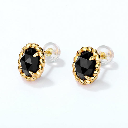 S925 Sterling Silver Jewelry Earrings Natural Black Onyx Gemstone Gold Plating Earrings