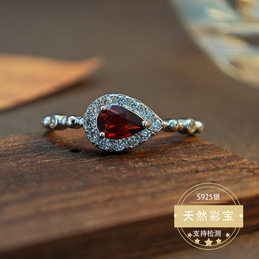 Natural Garnet Gemstone Fine Jewelry 925 Sterling Silver Water Drop Vintage Style Rings