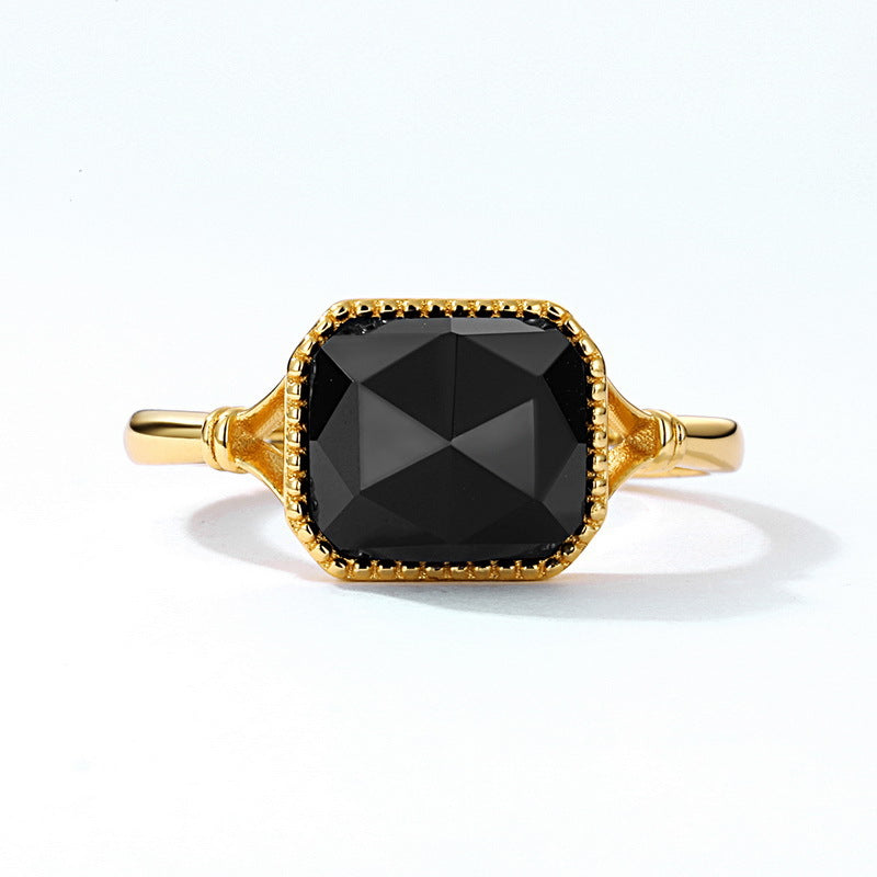 S925 Sterling Silver Jewelry Ring Natural Black Onyx Gemstone Vintage Style Rings