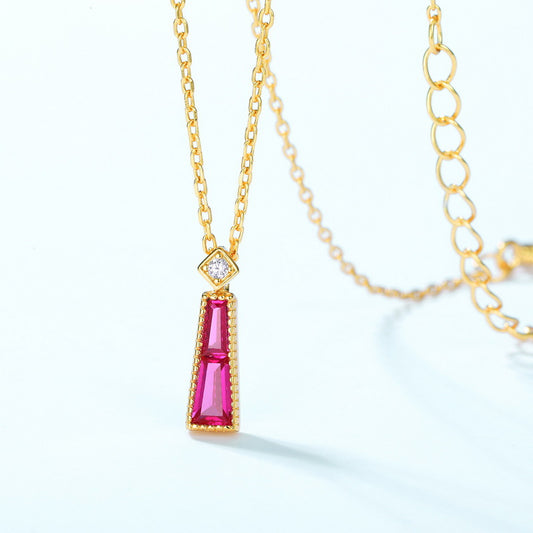 S925 Sterling Silver Jewelry Necklace Red Corundum Gemstone Geometric Style Charms Necklace