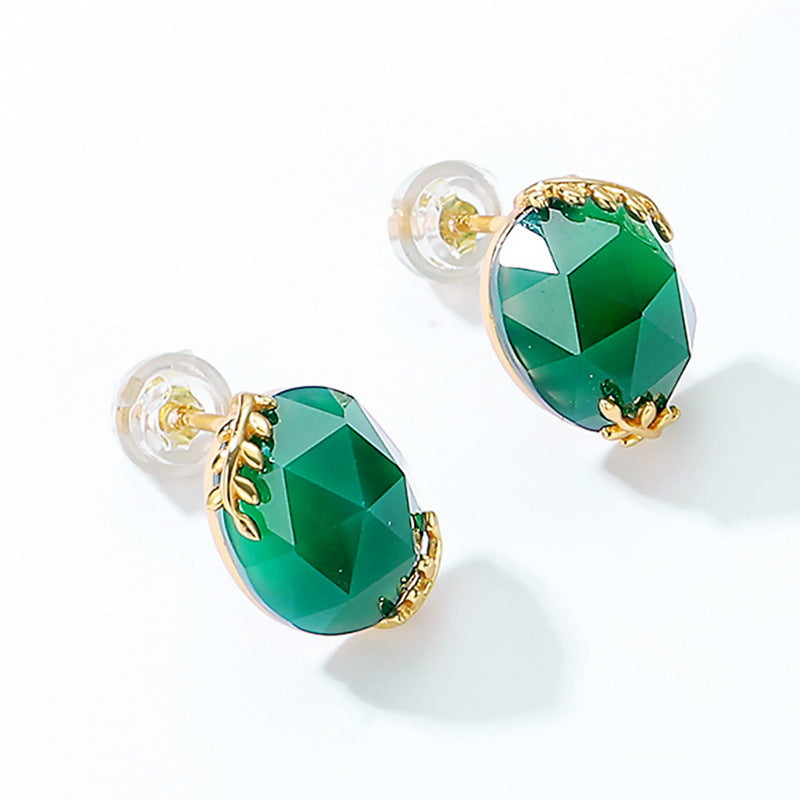 S925 Sterling Silver Jewelry Earrings Natural Green Agate Gemstone Fashion Stud Earrings