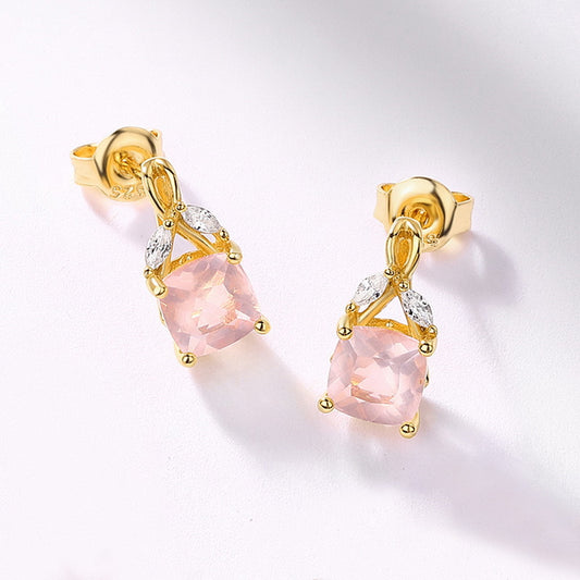 S925 Sterling Silver Jewelry Earrings Natural Rose Quartz Gemstone Luxury Earrings