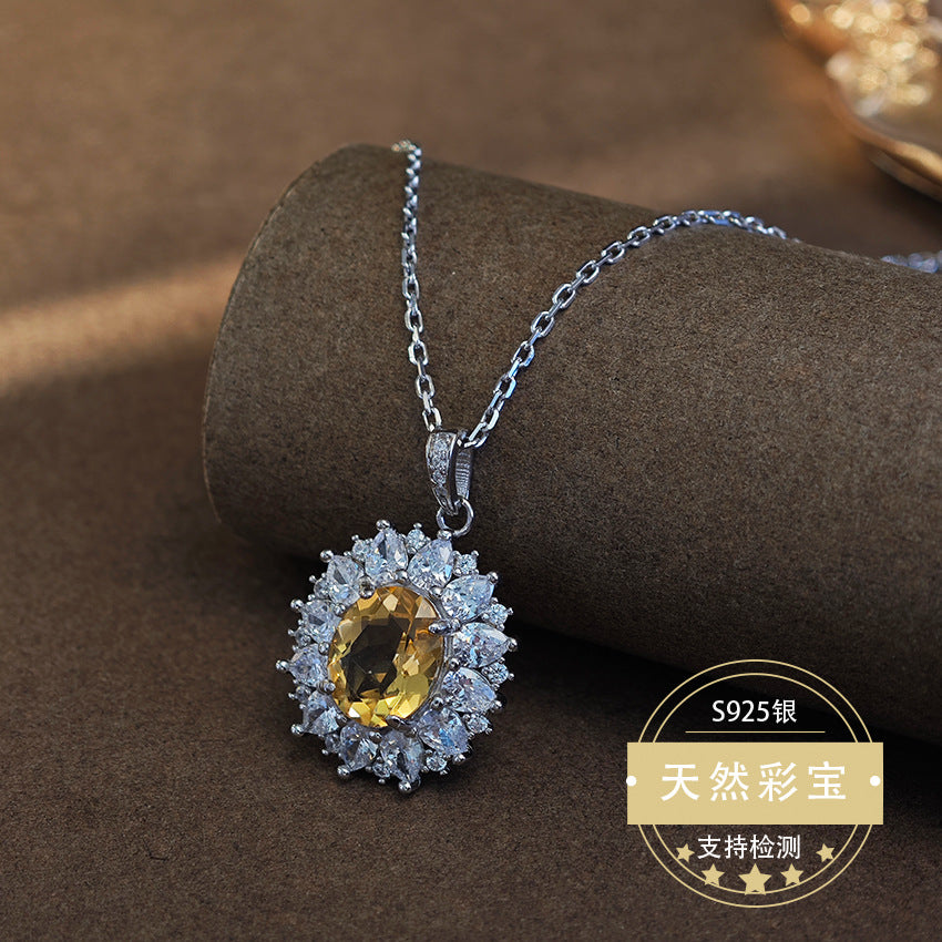 Natural Citrine Gemstone Fine Jewelry 925 Sterling Silver Light Luxury Charms Necklace