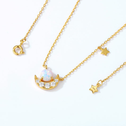 S925 Sterling Silver Jewelry Necklace Gold Plating Opal Gemstone Moon Style Necklace