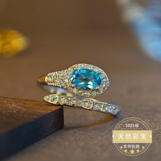 S925 Sterling Silver Jewelry Ring Natural Blue Topaz Gemstone Snake Style Simple Luxury Rings