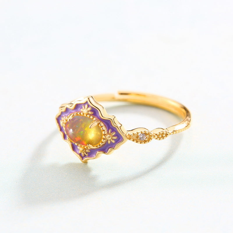 S925 Sterling Silver Jewelry Ring Natural Opal Gemstone Enamel Craft Vintage Style Rings