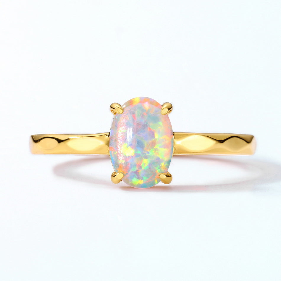 S925 Sterling Silver Jewelry Rings Gold Plating Opal Gemstone Oval Style Rings