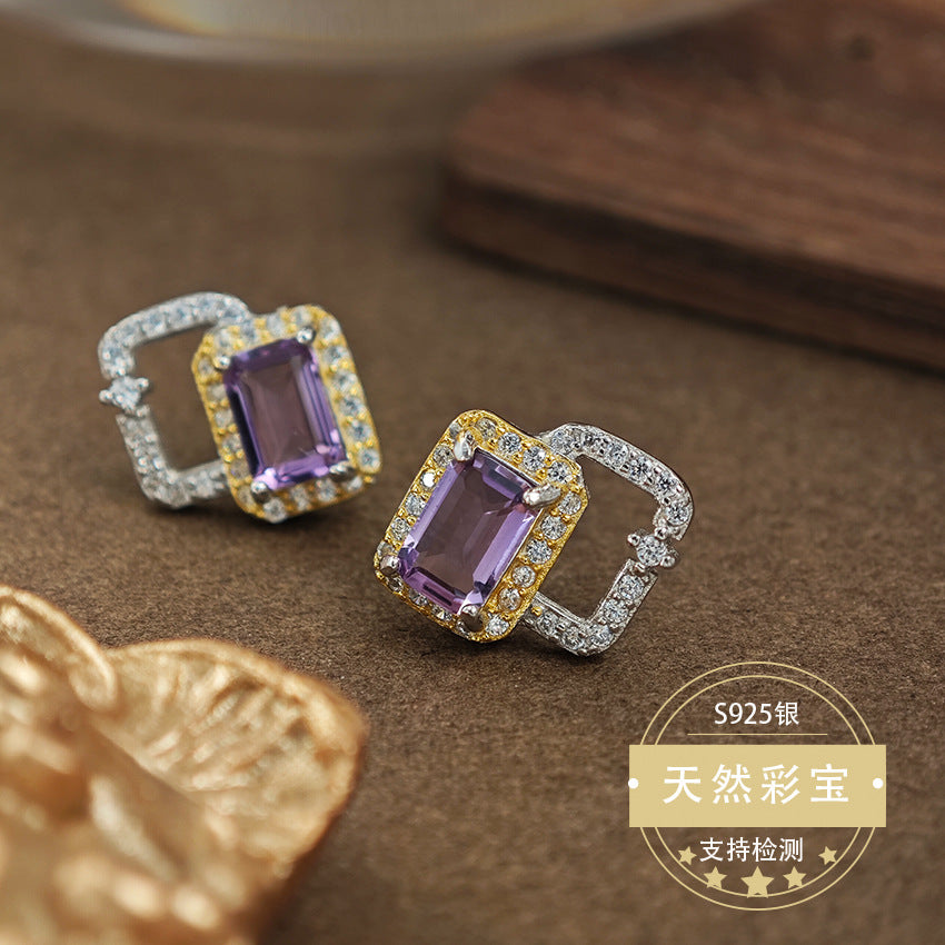 Natural Amethyst Gemstone Fine Jewelry 925 Sterling Silver Unique Light Luxury Stud Earrings
