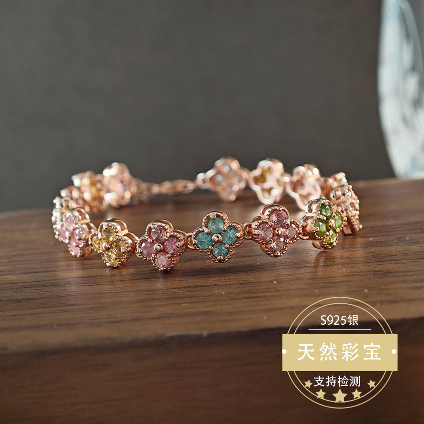 Natural Tourmaline Gemstone Fine Jewelry 925 Sterling Silver Luxury Clover Style Chain Bracelet