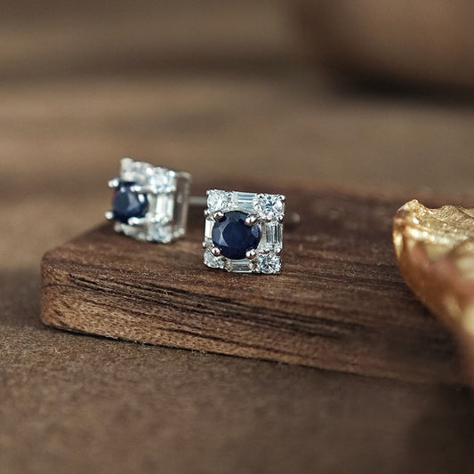 S925 Sterling Silver Jewelry Earrings Natural Sapphire Gemstone Square Style Stud Earrings