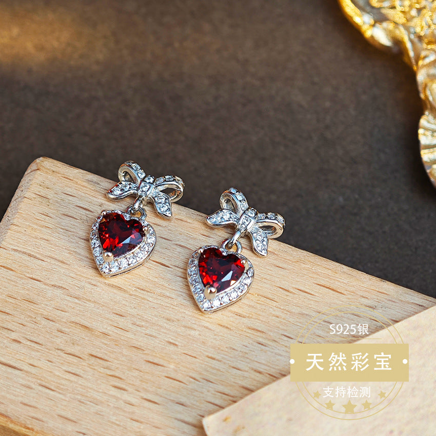 Natural Garnet Gemstone Fine Jewelry 925 Sterling Silver Heart Style Light Luxury Earrings
