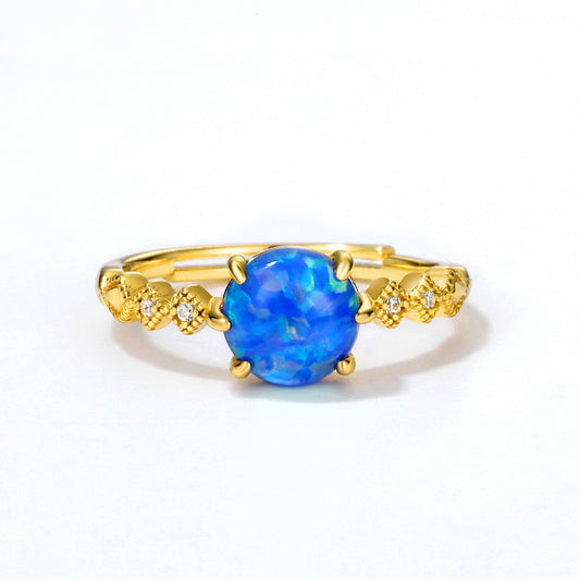 S925 Sterling Silver Jewelry Rings Blue Opal Gemstone Classical Style Refined Rings