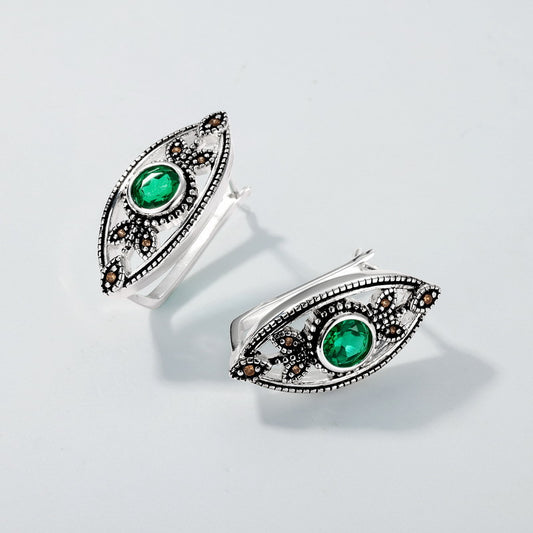 S925 Sterling Silver Jewelry Earrings Lab Grown Emerald Gemstone Vintage Leaf Style Earrings