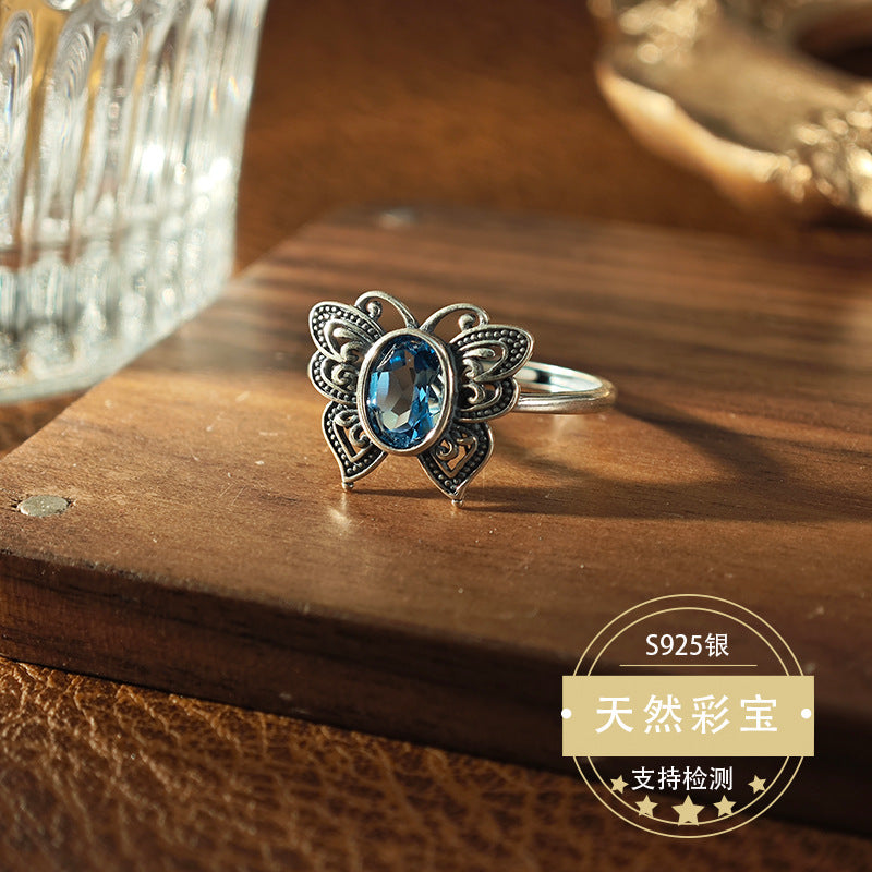 Natural Swiss Blue Topaz Gemstone Fine Jewelry 925 Sterling Silver Vintage Style Butterfly Jewelry Rings