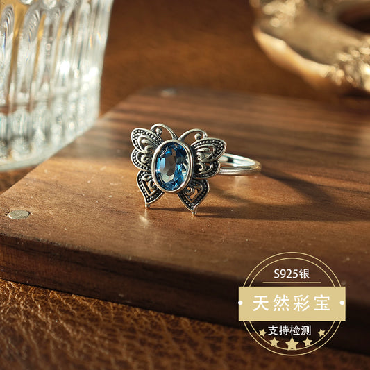 Natural Swiss Blue Topaz Gemstone Fine Jewelry 925 Sterling Silver Vintage Style Butterfly Jewelry Rings