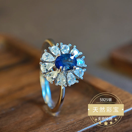S925 Sterling Silver Jewelry Ring Natural Sapphire Gemstone Floral Style Fashion Luxury Rings