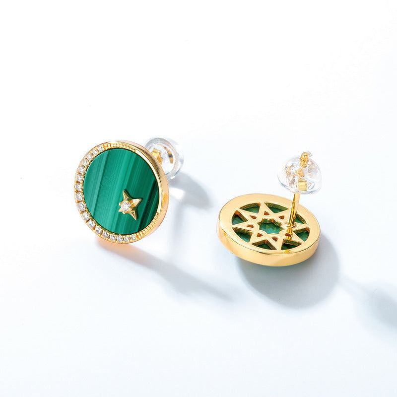 S925 Sterling Silver Jewelry Earrings Natural Malachite Gemstone Moon Star Style Stud Earrings