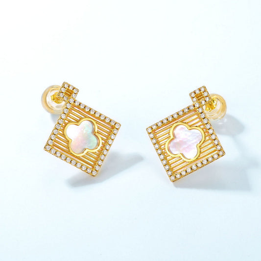 S925 Sterling Silver Jewelry Earrings Natural White Shell Gemstone Palace Style Earrings