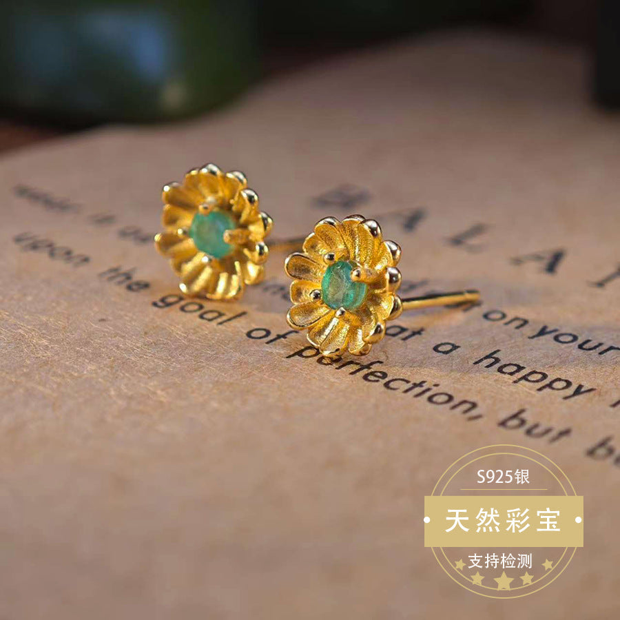 Natural Emerald Gemstone Fine Jewelry 925 Sterling Silver Sunflower Style Light Luxury Earrings