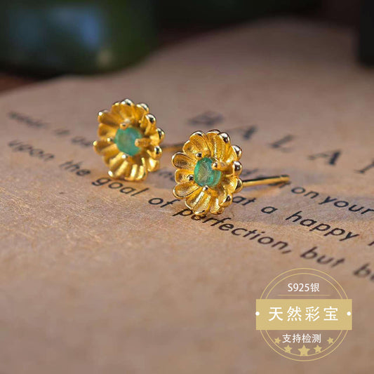 Natural Emerald Gemstone Fine Jewelry 925 Sterling Silver Sunflower Style Light Luxury Earrings