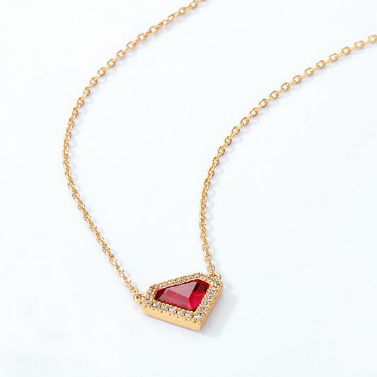 S925 Sterling Silver Jewelry Necklace Red Corundum Gemstone Shield Style Charms Necklaces