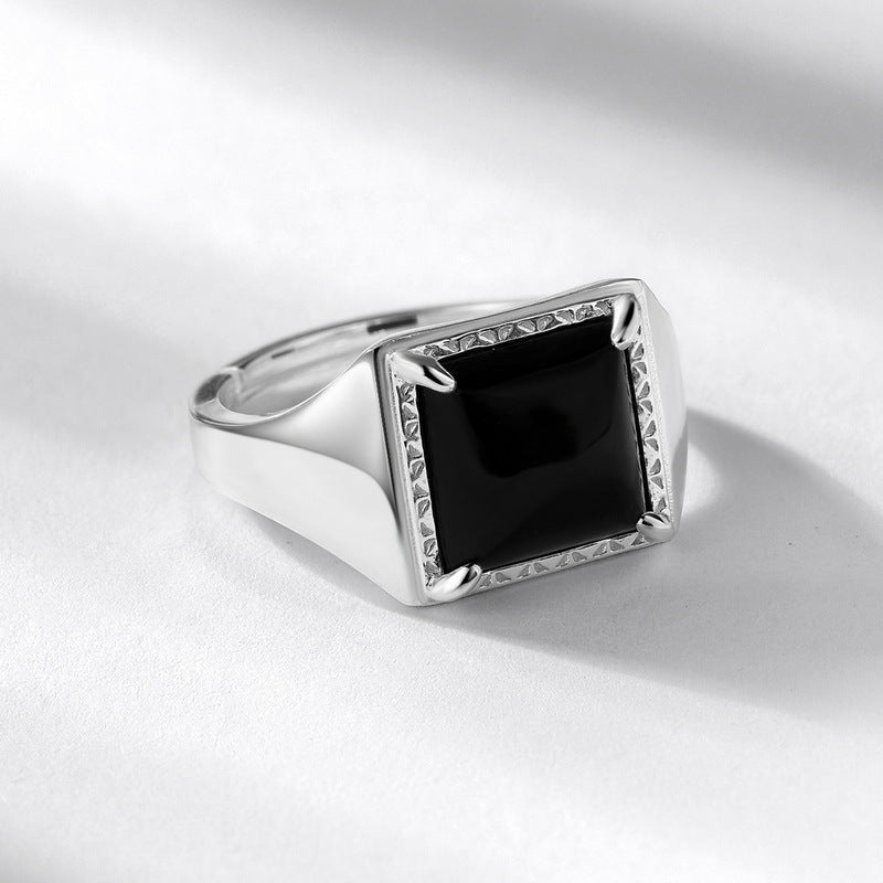 S925 Sterling Silver Jewelry Ring Natural Black Onyx Gemstone Vintage Square Style Rings