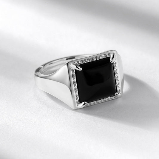 S925 Sterling Silver Jewelry Ring Natural Black Onyx Gemstone Vintage Square Style Rings