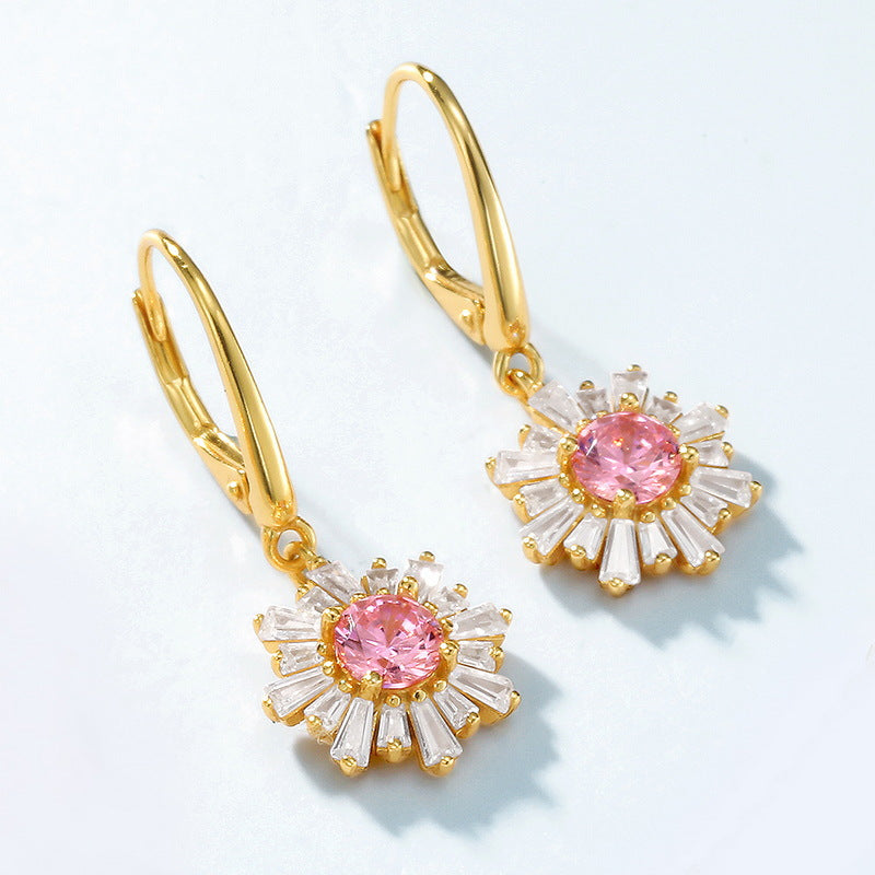 S925 Sterling Silver Jewelry Earrings Pink Zircon Gemstone Sunflower Style Fashion Earrings