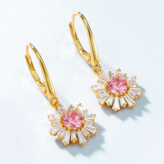 S925 Sterling Silver Jewelry Earrings Pink Zircon Gemstone Sunflower Style Fashion Earrings