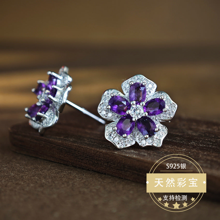 Natural Amethyst Gemstone Fine Jewelry 925 Sterling Silver Floral Style Stud Earrings