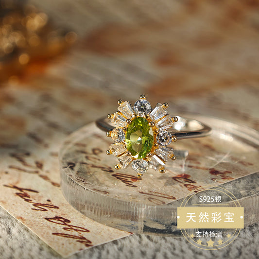 S925 Sterling Silver Jewelry Ring Natural Peridot Gemstone Floral Style Fashion Luxury Rings
