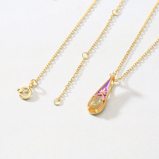 S925 Sterling Silver Jewelry Natural Opal Gemstone Enamel Craft Vintage Style Necklace Charms