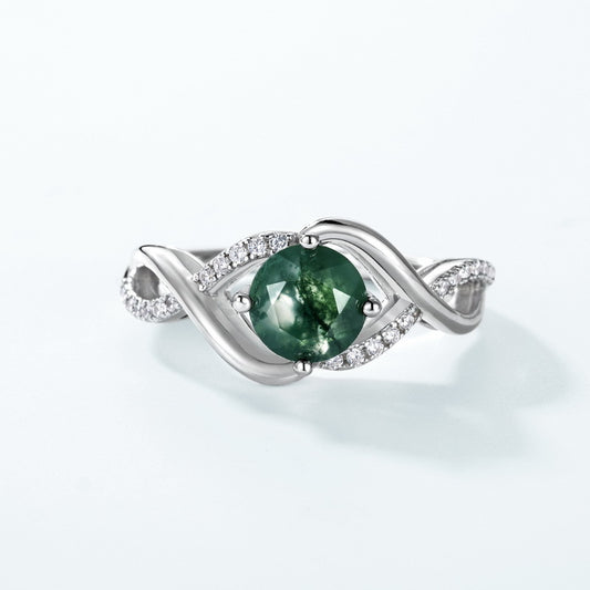 S925 Sterling Silver Jewelry Ring Natural Moss Agate Gemstone Wave Style Simple Luxury Rings