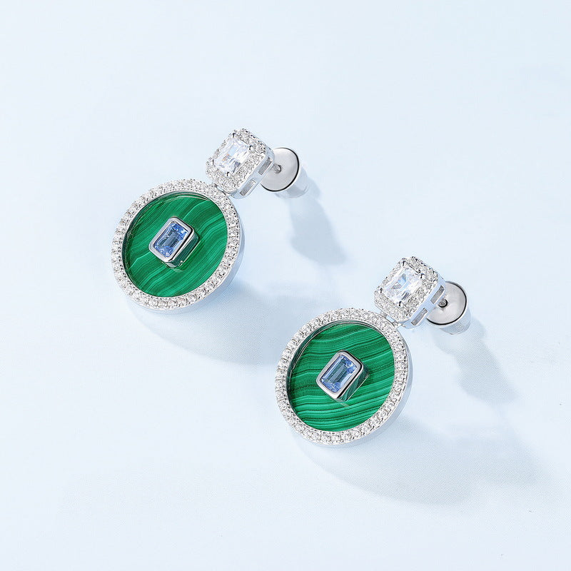 S925 Sterling Silver Jewelry Earrings Natural Malachite Gemstone Luxury Drop Earrings