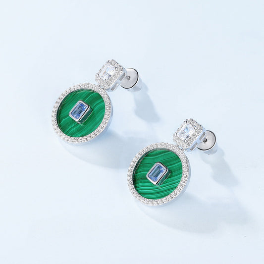 S925 Sterling Silver Jewelry Earrings Natural Malachite Gemstone Luxury Drop Earrings